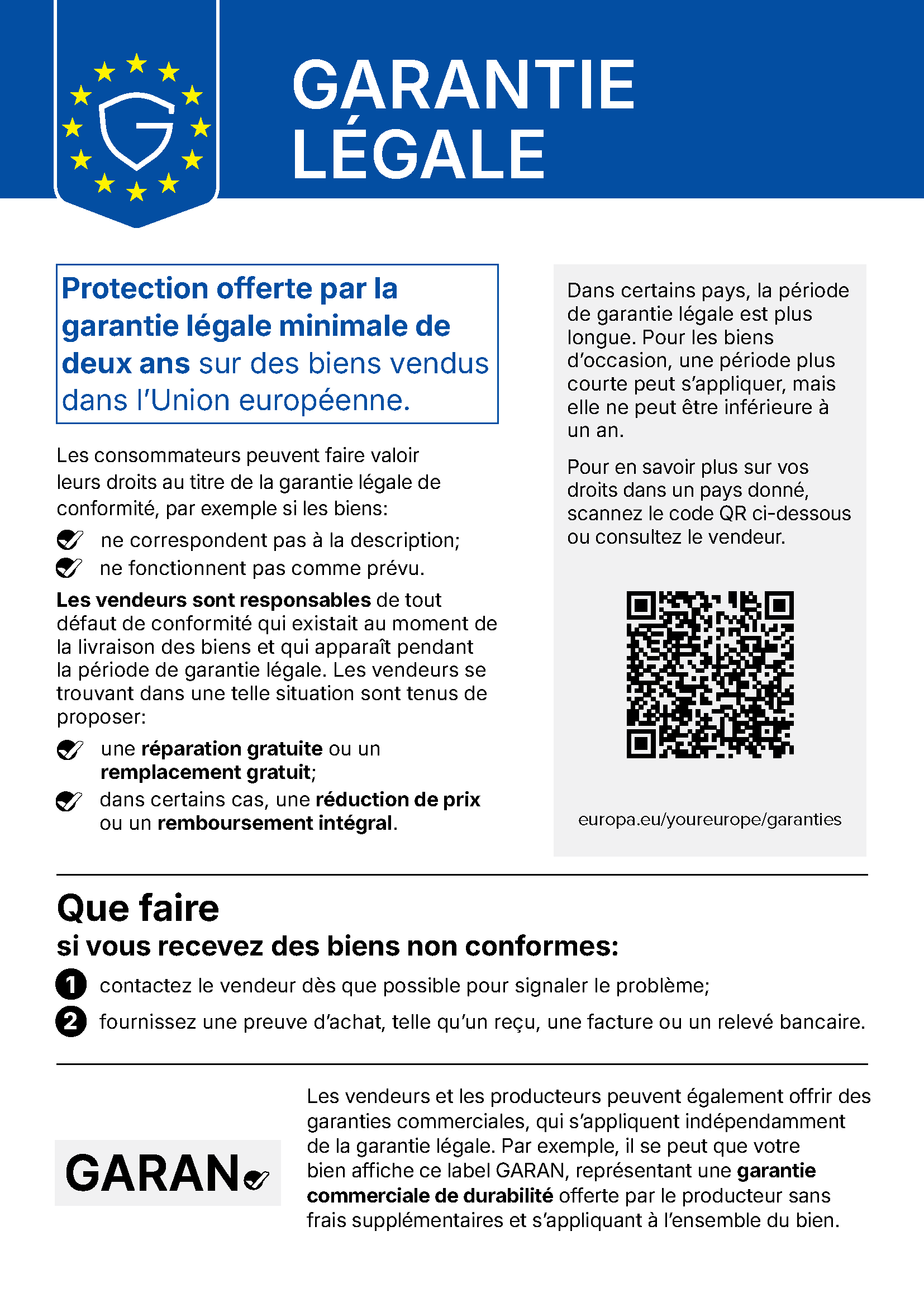 Avis harmonis&eacute; de l’UE sur la garantie l&eacute;gale : garantie l&eacute;gale minimale de deux ans sur les biens vendus dans l’Union europ&eacute;enne