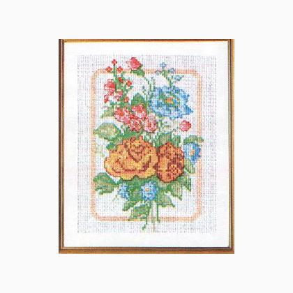 Yellow roses with pink and azure flowers
