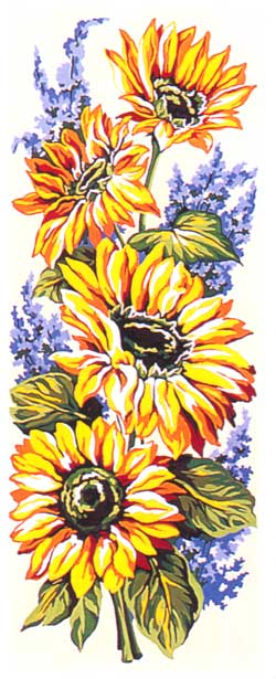 Tournesols et fleurs bleues