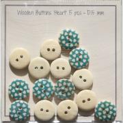 Hearts - Boutons en bois - 15 mm - Bleu