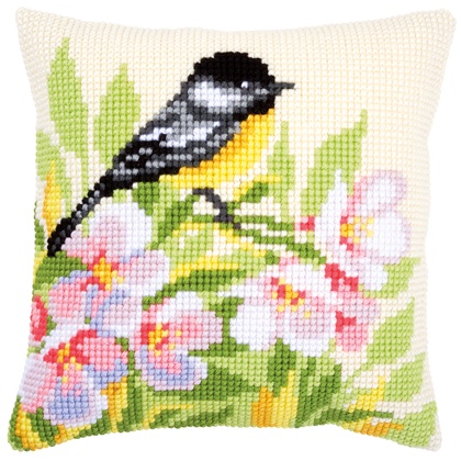 Coussin : Mésange et fleurs