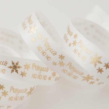 Ruban Metallic Prosecco Ho Ho Ho 15mm - Blanc/Or