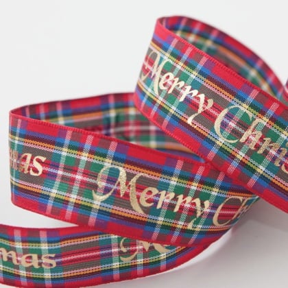 Ruban Tartan Metallic Merry Christmas 15mm - Or