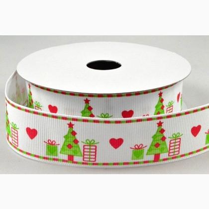 Ruban 25mm - Noël Grosgrain - Blanc & Vert