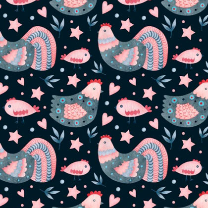 Pink Folk Chickens on Blue