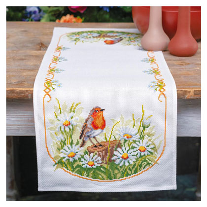 Chemin de table - Marguerites & rouge-gorge