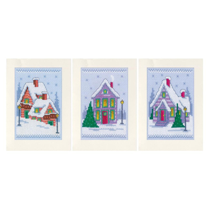 Cartes à broder : Maisons d\'hiver - Set de 3