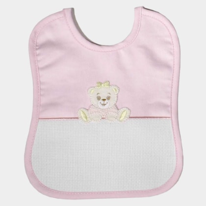 Bavoir avec pochette en tissu aida - Ourson - Rose