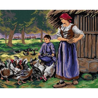 Farm Girl Feeding Chickens