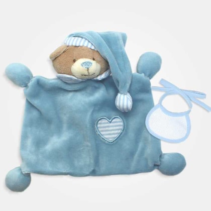 Ours doudou avec bavoir décoratif à broder - Bleu