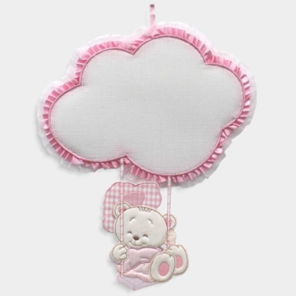 Ruban de naissance ourson sur balançoire et un nuage - Rose