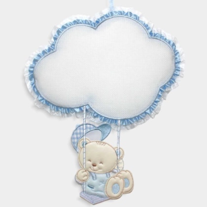 Ruban de naissance ourson sur balançoire et un nuage - Bleu