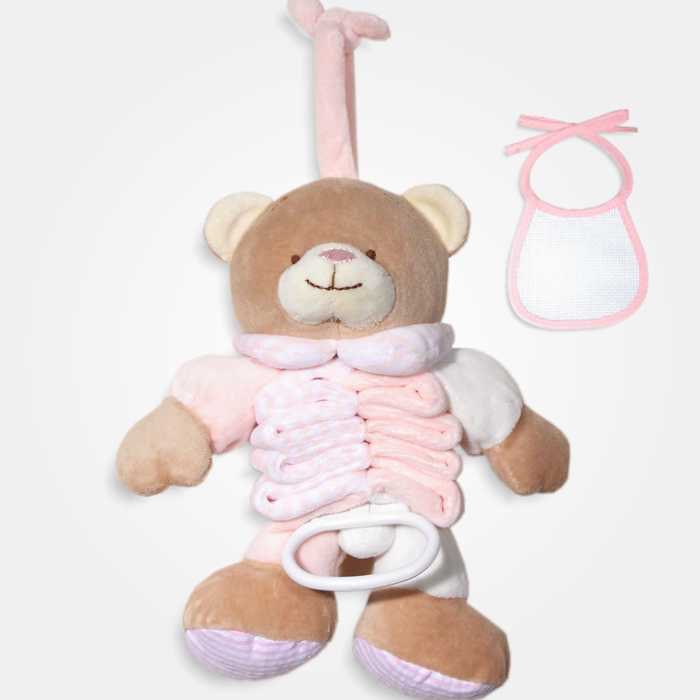 Carillon ourson accordéon avec bavoir décoratif à broder - Rose