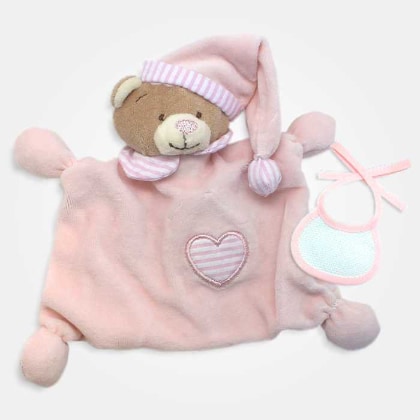 Ours doudou avec bavoir décoratif à broder - Rose