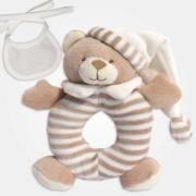 Ourson hochet avec bavoir en broderie décorative - Cr