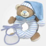 Ourson hochet avec bavoir en broderie décorative - Bleu