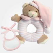 Ourson hochet avec bavoir en broderie décorative - Rose