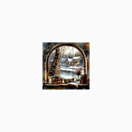 Christmas Window Magnet (Cabinwith snow and lake)