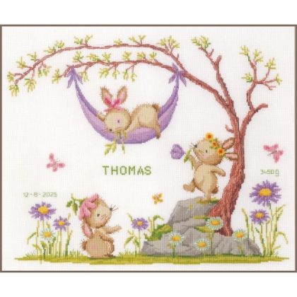 Sampler de naissance - Lapins dans le jardin