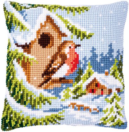 Coussin - Rouge-gorge en hiver