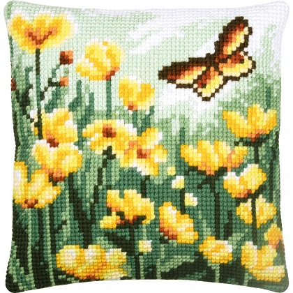 Coussin - Papillon et fleurs jaunes
