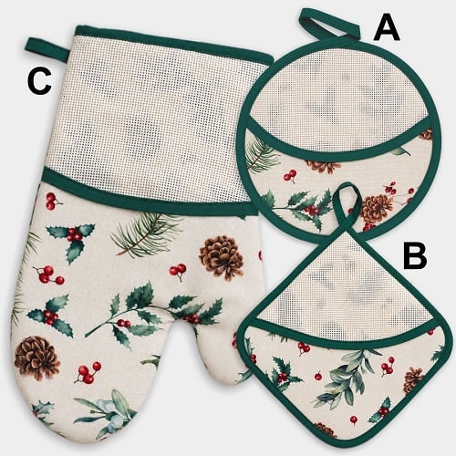 Set maniques et gant cuisine - Pommes de pin et houx