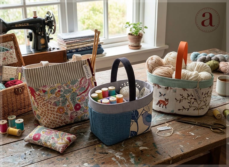 Sur la table de travail, près de la machine à coudre, les sacs Atenti tiennent debout tout seuls : le sac à projet The Feather et son jacquard d'oiseaux et de fleurs, le caddy Indigo Garden Bird qui mêle panneaux en denim et imprimés bleu indigo, et le Foxy Caddy aux renards et branchages brodés, bordé de tweed vert d'eau.