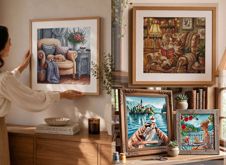 Tableaux brodés Ava Stitch dans un salon chaleureux