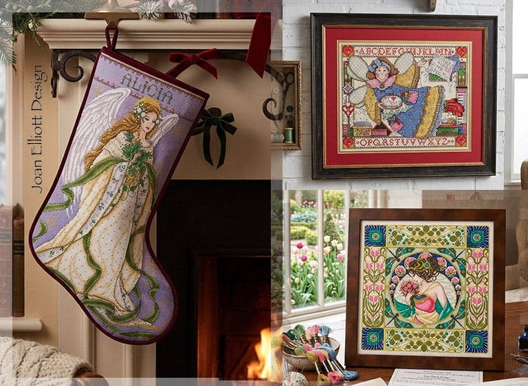 Modèles au point de croix Joan Elliott : chaussette de Noël avec ange, tableau avec fée et alphabet, portrait floral façon art nouveau.