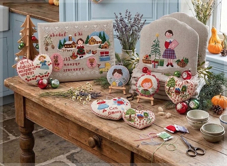Broderies de Noël Lilli Violette au point de croix sur lin : abécédaire avec village enneigé, cœurs et ornements avec fillettes, housse de dossier de chaise avec sapin, sur une table rustique entre boules et citrouilles.