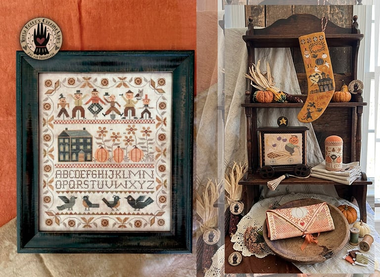 Modèles de point de croix folk art et Halloween de Teresa Kogut avec marquerie encadrée, bas et accessoires d'automne.