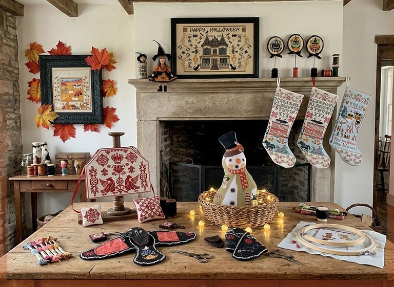 Modèles et accessoires Twin Peak Primitives façon primitive : tableau 'Happy Halloween', chaussettes brodées, étuis à ciseaux et pelotes à épingles sur une table rustique.